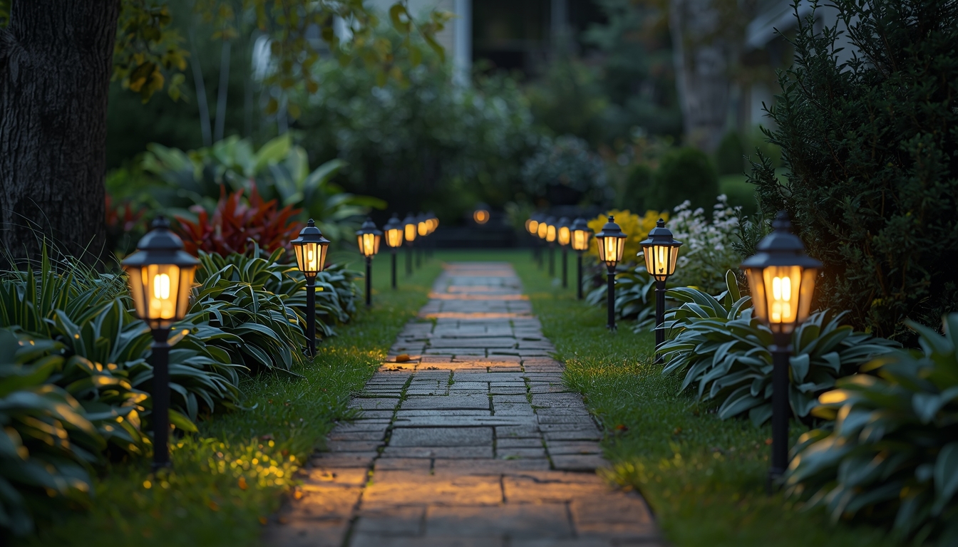 Pathway lights along a garden path from Thodmarechrelia